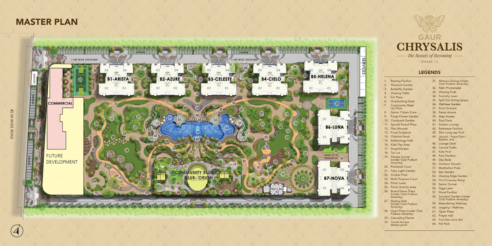 Master plan of Gaur Chrysalis site showing labeled residential blocks (B1-Arista, B2-Azure, etc.), central pool, gardens, roads, and legends on the right.