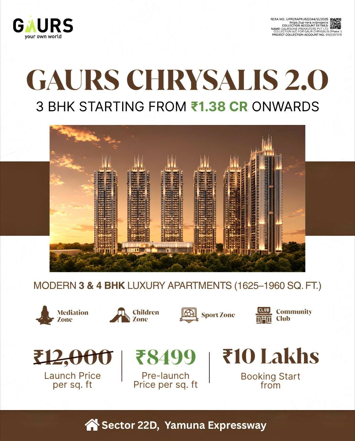 GAURS CHRYSALIS 2.0 ad: skyline of tall residential towers at sunset, with pricing text ₹1.38 CR onwards and 3 BHK starting info