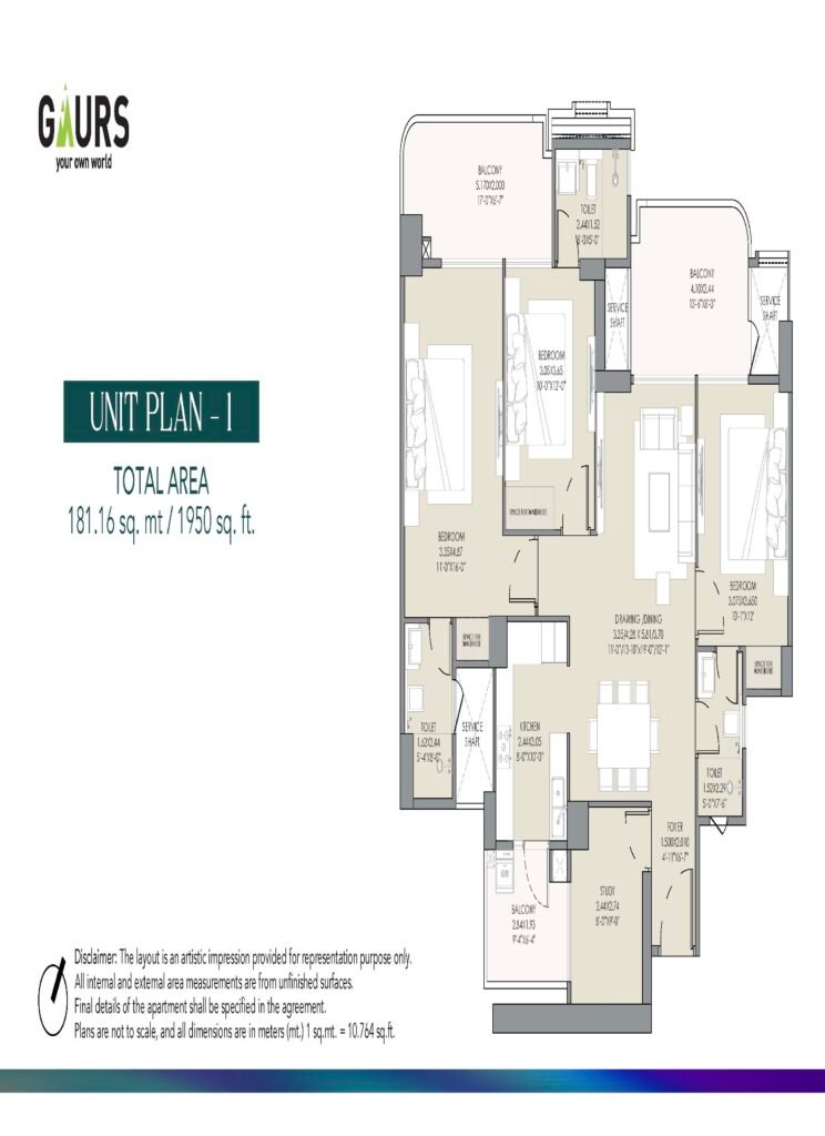 Unit Plan-1 layout showing multiple bedrooms and a large central living area with balconies, legal disclaimer area at bottom left, and 'GAURS your own world' branding on the left.