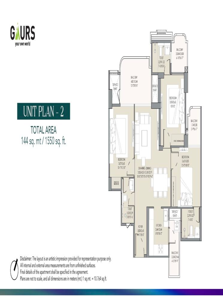 Floor plan labeled Unit Plan - 2 showing room layout, balconies, and dimensions with 'TOTAL AREA 144 sq. mt / 1550 sq. ft' on the left.