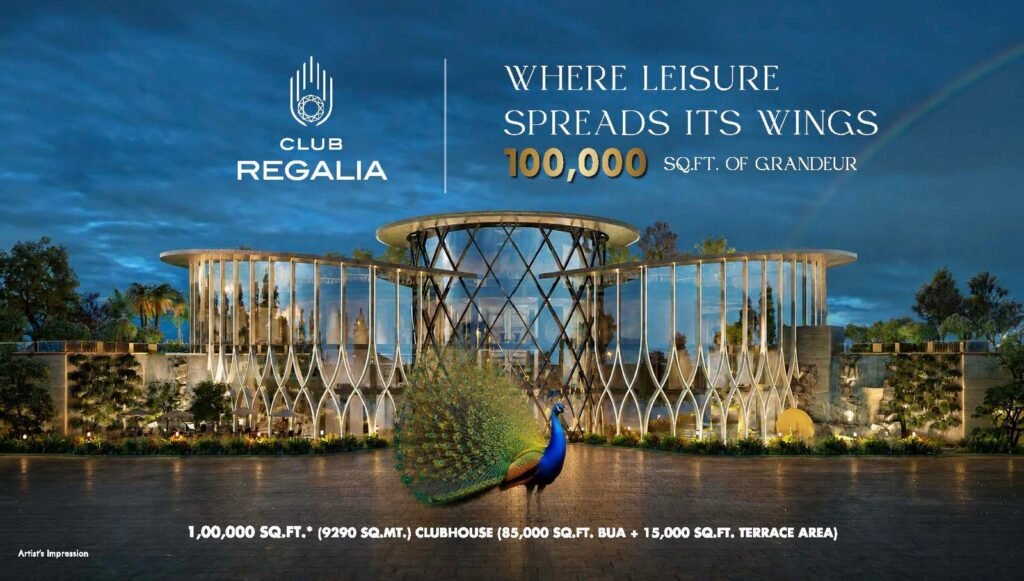 Promotional rendering of a modern clubhouse with a peacock in the foreground and bold text about 100,000 sq.ft. of space.