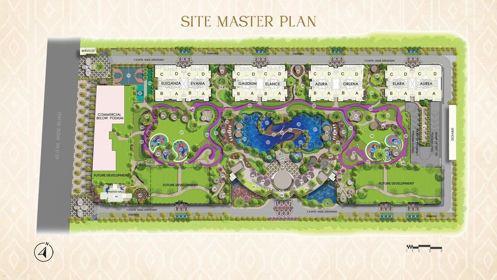 Comprehensive site master plan with residential blocks, green spaces, ponds, roads, and future development zones.