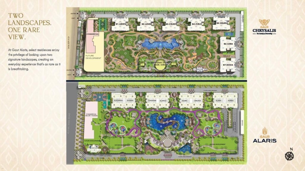 A top and bottom aerial layout of a residential community showing buildings, greenery, roads, and a central pool landscape.