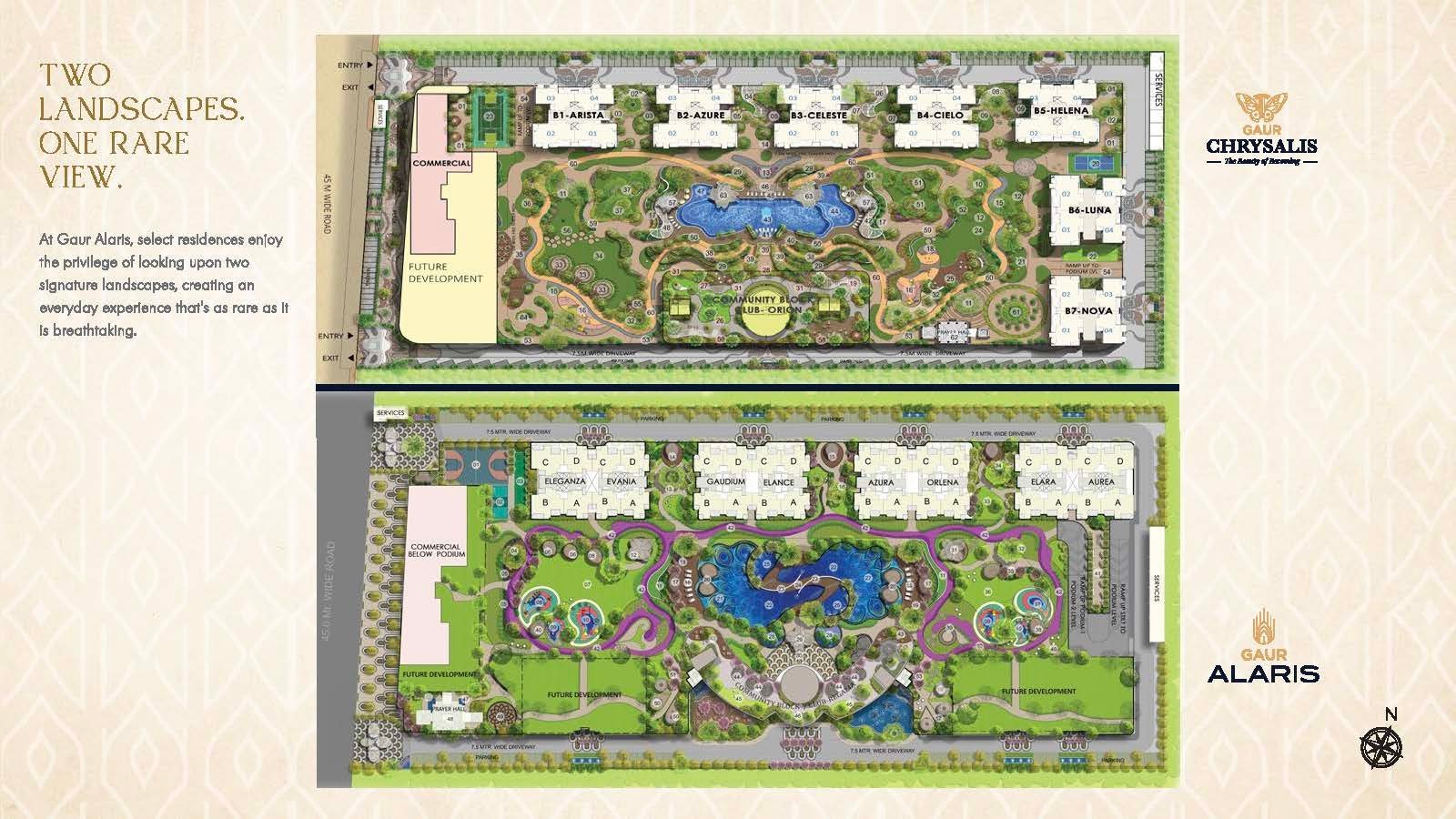 A top and bottom aerial layout of a residential community showing buildings, greenery, roads, and a central pool landscape.