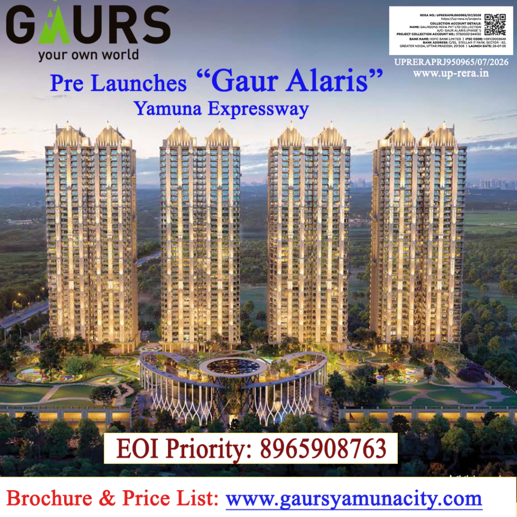 Advertisement banner for Gaur Alaris pre-launch at Yamuna Expressway, showing four residential towers with brochure/price list and contact info (www.gaursyamunacity.com).