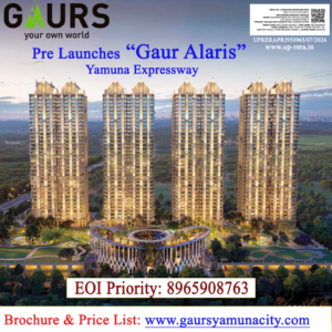 Advertisement banner for Gaur Alaris pre-launch at Yamuna Expressway, showing four residential towers with brochure/price list and contact info (www.gaursyamunacity.com).