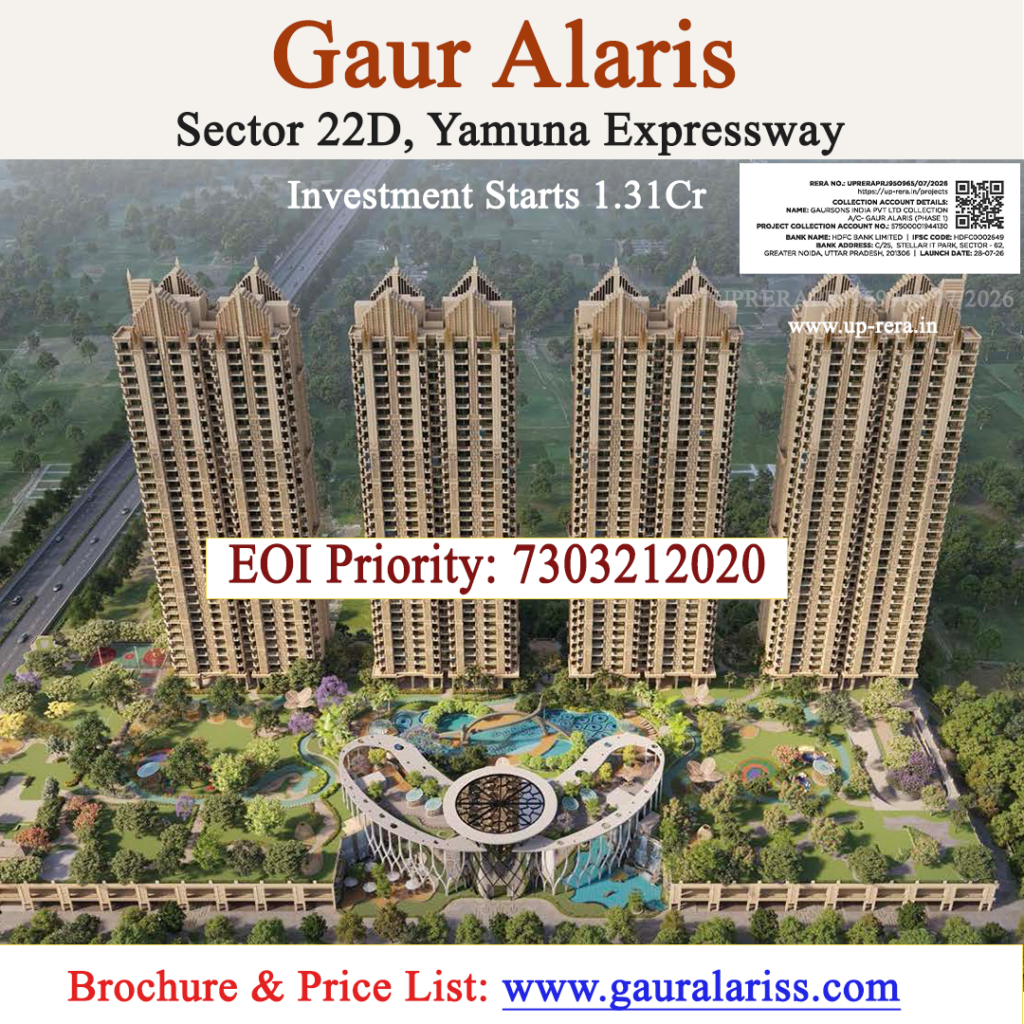 Aerial rendering of four tall residential towers with surrounding green gardens and a circular central structure, featuring promotional text for Gaur Alaris, Sector 22D, Yamuna Expressway and 'Investment Starts 1.31Cr'.