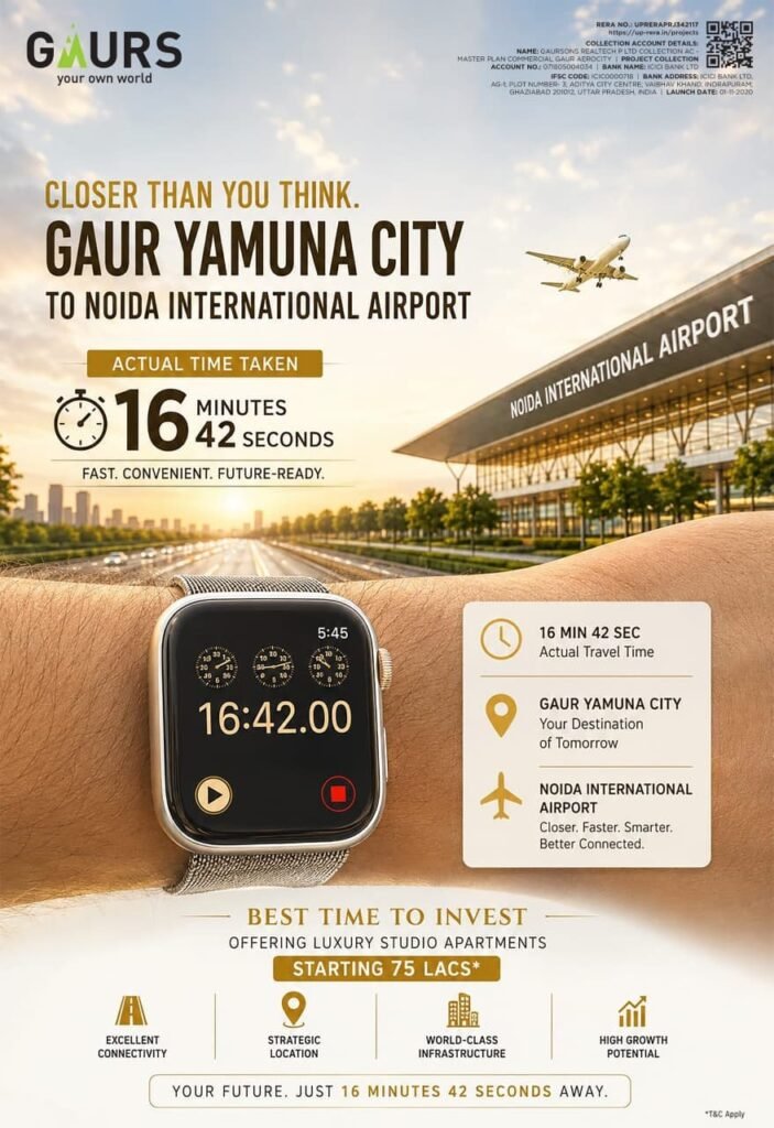 Advertisement for Gaur Yamuna City near Noida International Airport with a smartwatch showing 16:42 and travel time details in the corner.