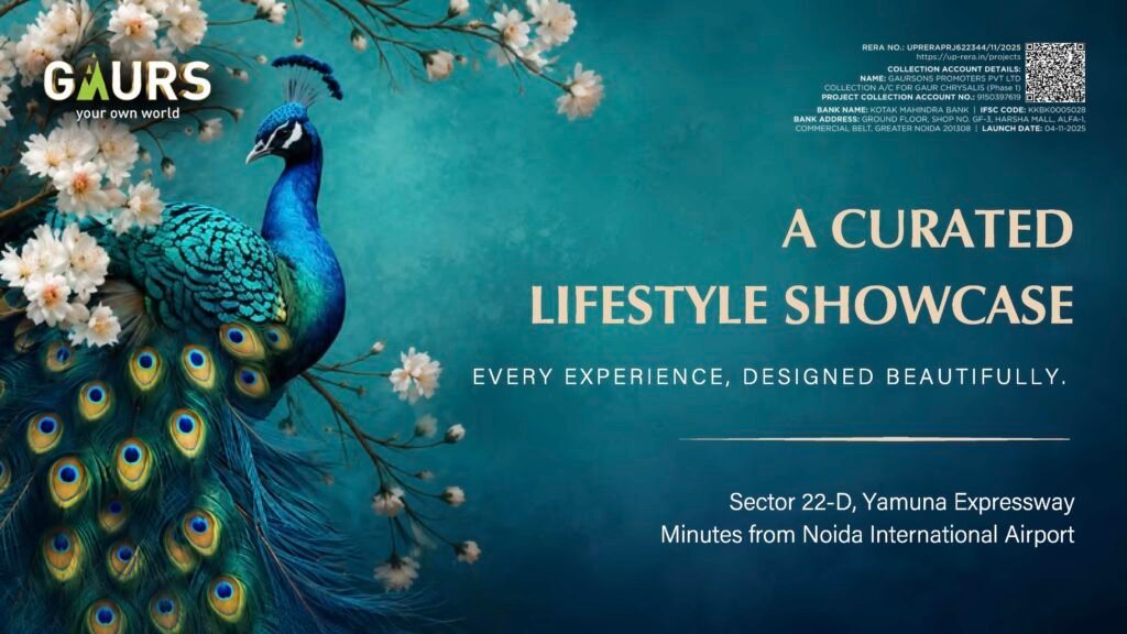 Banner featuring a peacock with vibrant blue-green feathers among white blossoms on a teal background, advertising 'A Curated Lifestyle Showcase.'