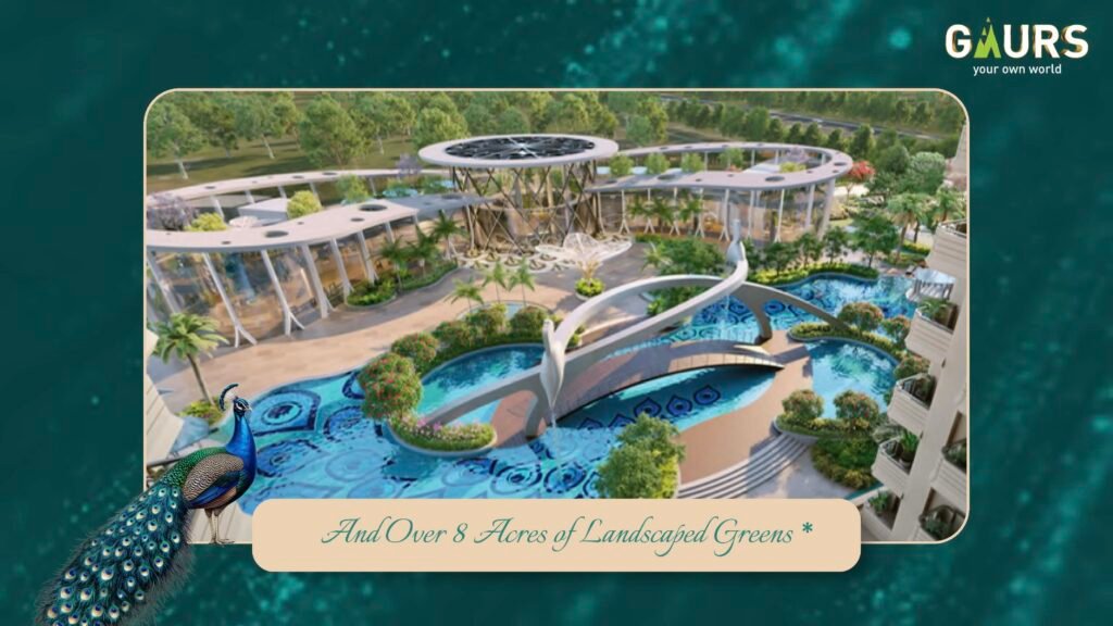 Aerial view of a curved modern resort with circular walkways, multiple pools, lush trees, and a peacock in the foreground; GAURS branding visible.